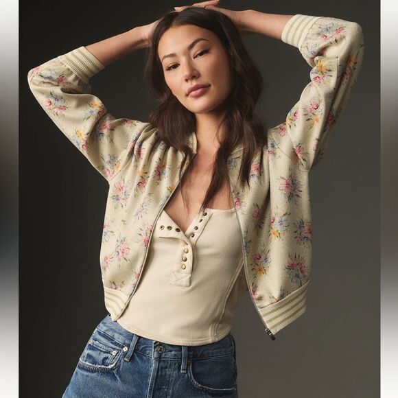 Maeve x Anthropologie Printed Floral Lurex Knit Bomber Jacket - Picture 2 of 8